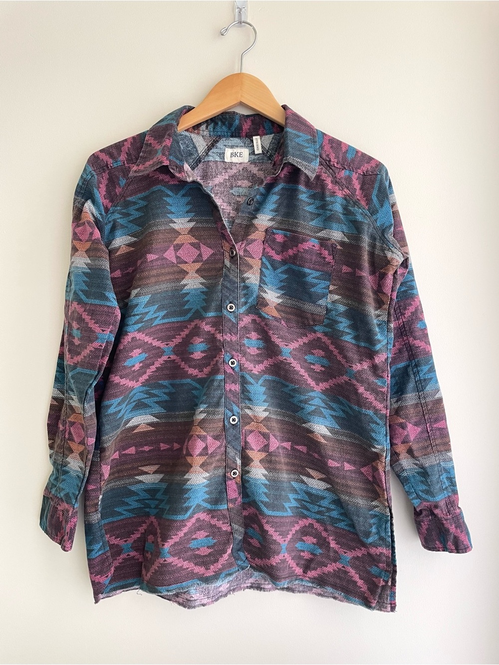 BKE Aztec Print Southwest Button-Down Cotton Boho Shirt Boyfriend Fit